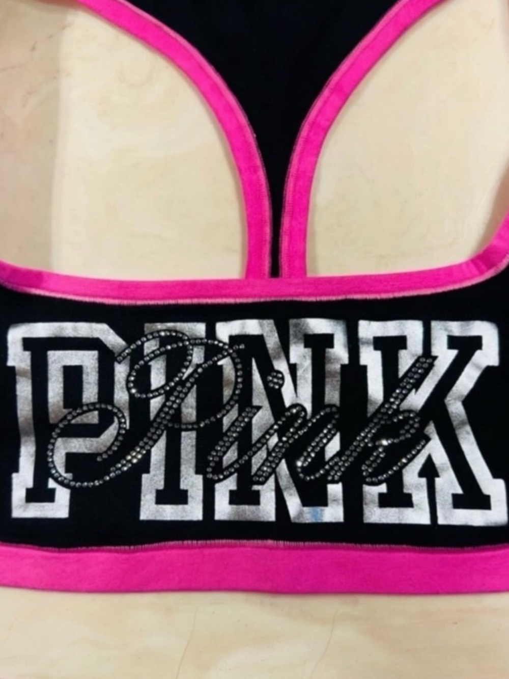 PINK VICTORIA’S SECRET Cotton Dorm Racerback Black Pink Bling VIRAL Bralette XL - Picture 6 of 12